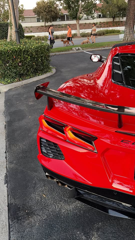 Rear diffuser and spoiler of the red Corvette Stingray