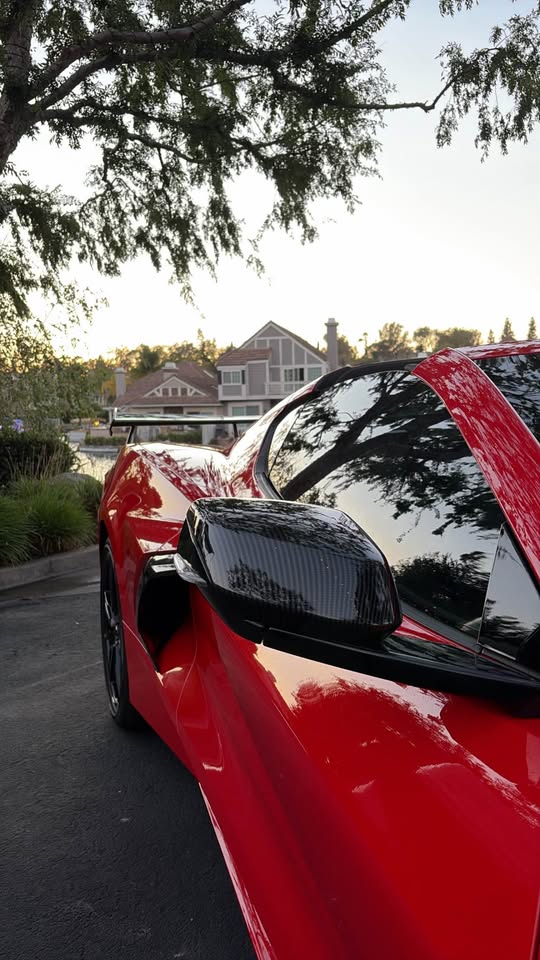 Carbon mirror and fender detail of the red Corvette