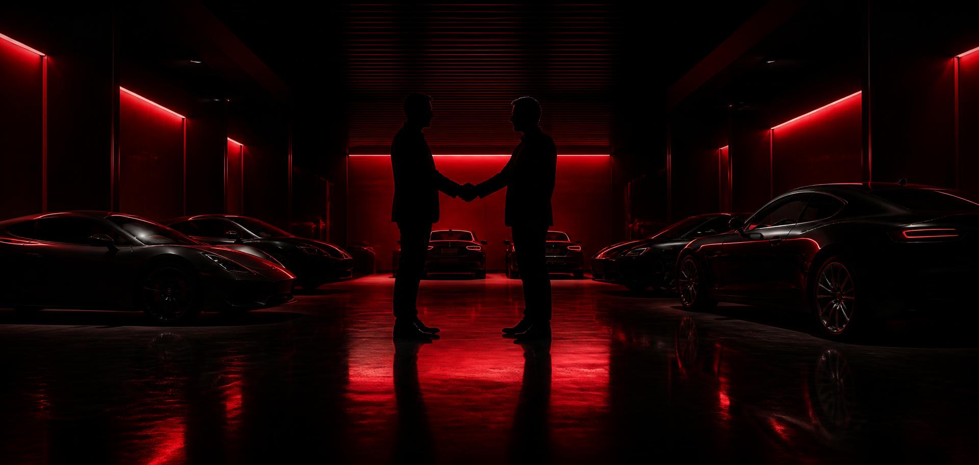 Two people shaking hands in a dark exotic car garage