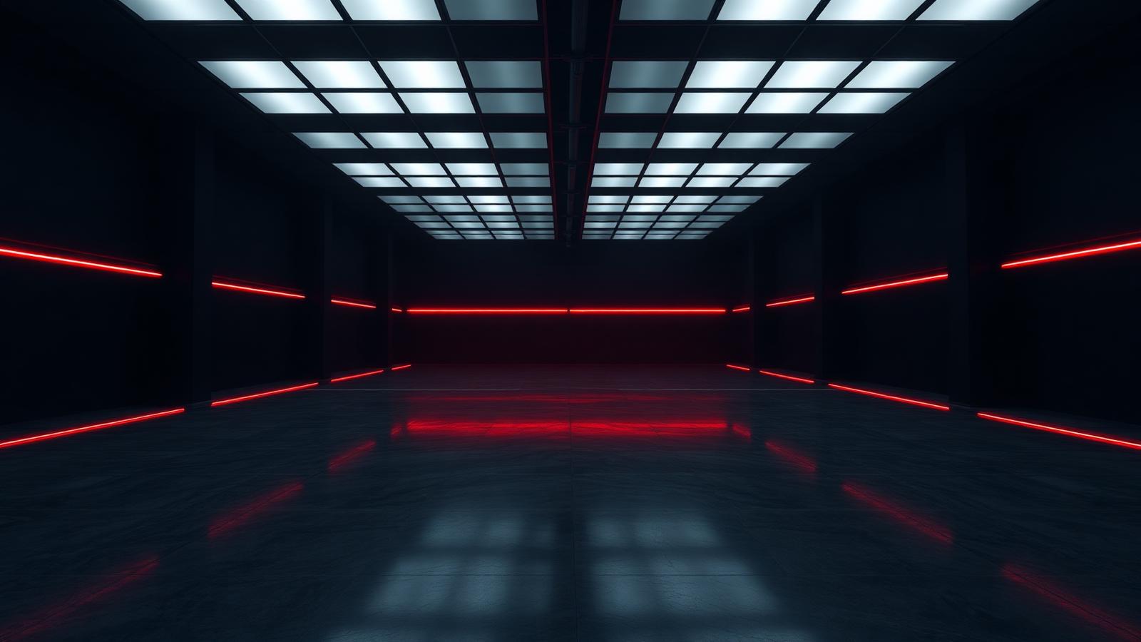 Red Corvette Stingray in a dark showroom with ceiling lights and red neon strips